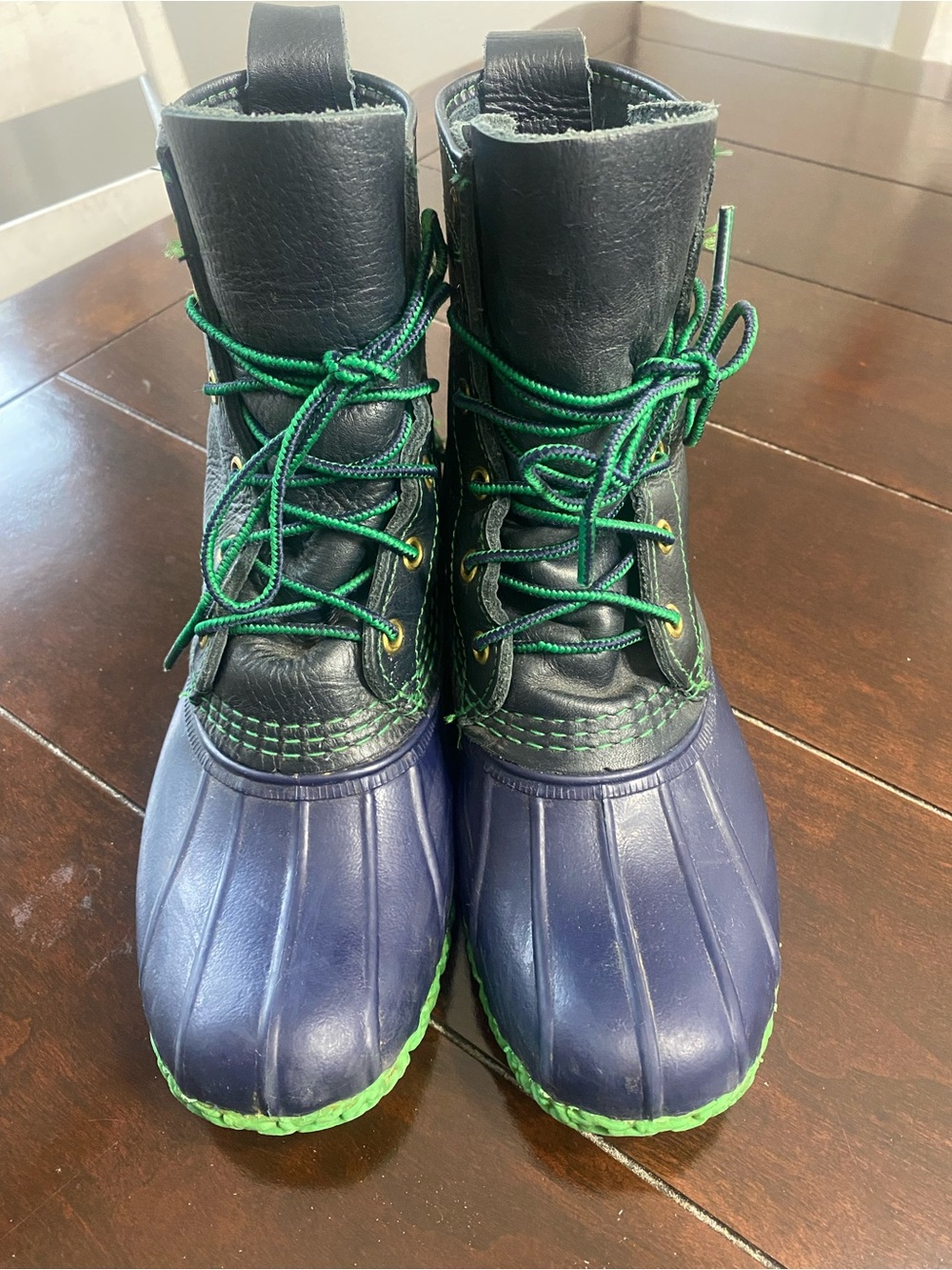 Womens LL Bean  Navy Duck Boots with Green Accents- Leather Uppers- Made/USA